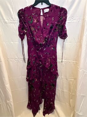 Tanya Taylor Plum Floral Midi Dress with Puff Sleeves